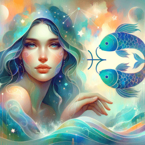 Femme Poissons rêveuse aux cheveux flottants, entourée d'eau, d'étoiles et de deux poissons nageant, symboles d'intuition.