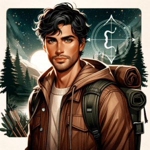 Illustration d'un homme Sagittaire charismatique avec le symbole de l'arc et des flèches, évoquant des traits de caractère aventureux et optimistes en matière de rencontres.