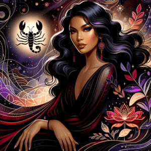 Portrait d'une femme mystérieuse et sûre d'elle, orné d'un scorpion rouge foncé et noir, évoquant l'intensité et la transformation.