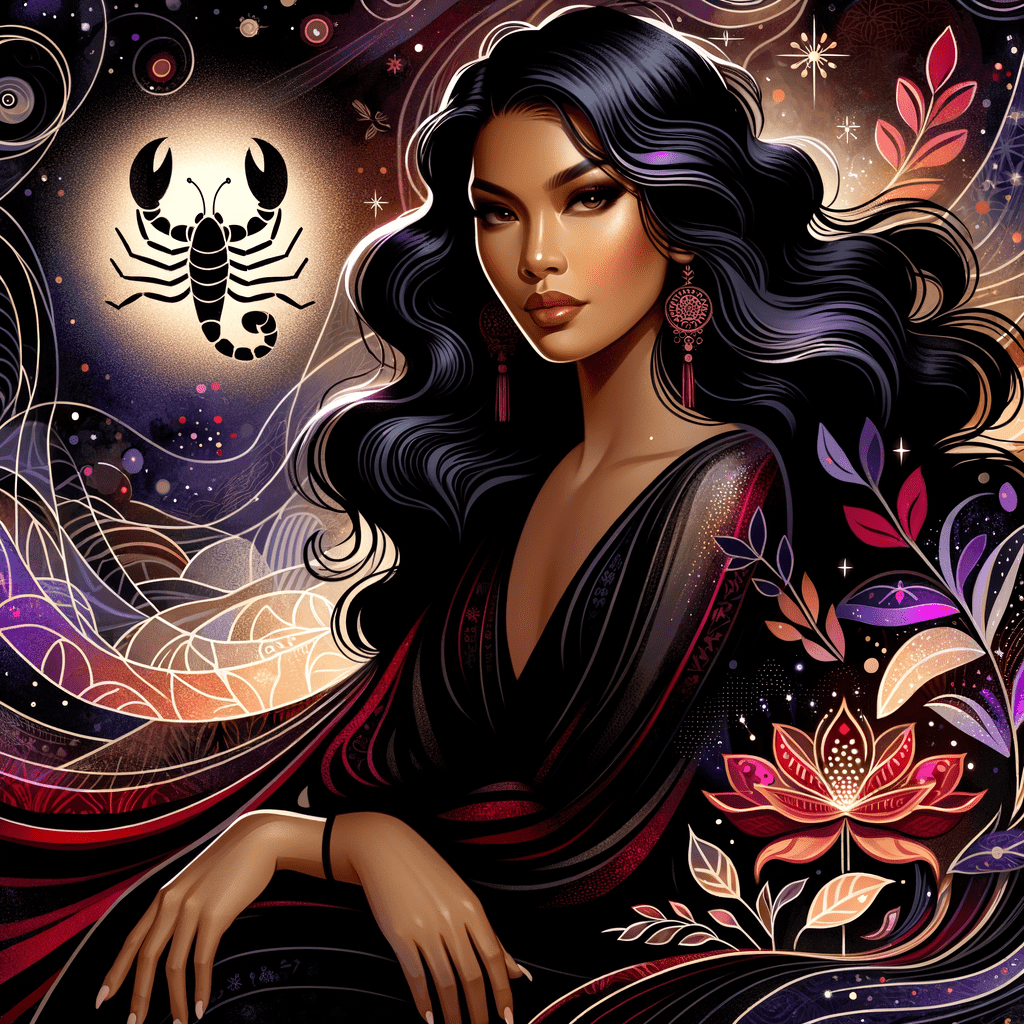 Portrait d'une femme mystérieuse et sûre d'elle, orné d'un scorpion rouge foncé et noir, évoquant l'intensité et la transformation.