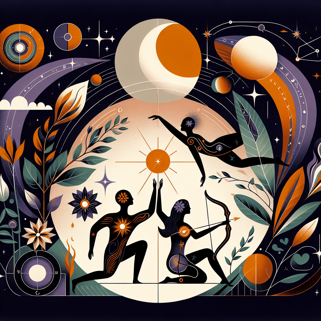 Les symboles astrologiques de la Vierge et du Sagittaire se font face, un cœur les séparant, et leurs couleurs contrastées sont complémentaires.