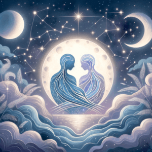 Deux figures stylisées du Verseau se faisant face sous un croissant de lune et des étoiles, symbolisant la compatibilité des signes lunaires.