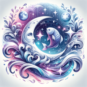 La Lune entre le Verseau (porteur d'eau) et les Poissons (deux poissons), illustrant la compatibilité entre le Verseau et les Poissons.