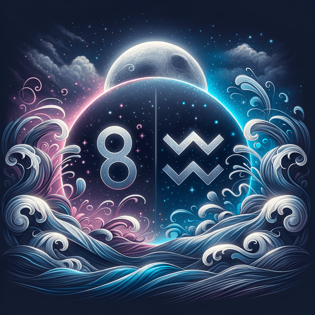Moon between an illustrated Cancer crab and Aquarius water-bearer, representing Cancer and Aquarius compatibility.