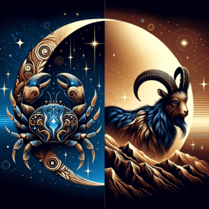 Graphic illustrating moon sign compatibility: Cancer crab and Capricorn sea-goat symbols with moon and heart.