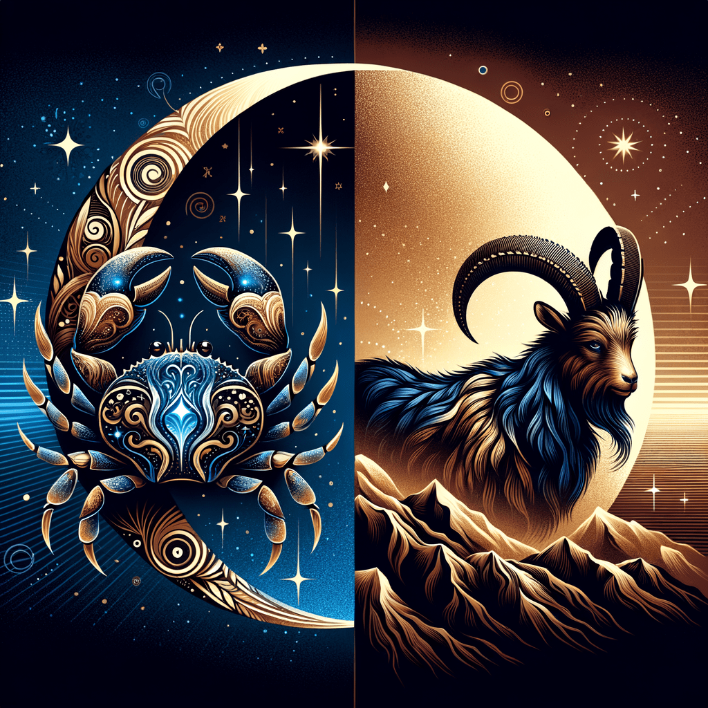 Graphic illustrating moon sign compatibility: Cancer crab and Capricorn sea-goat symbols with moon and heart.