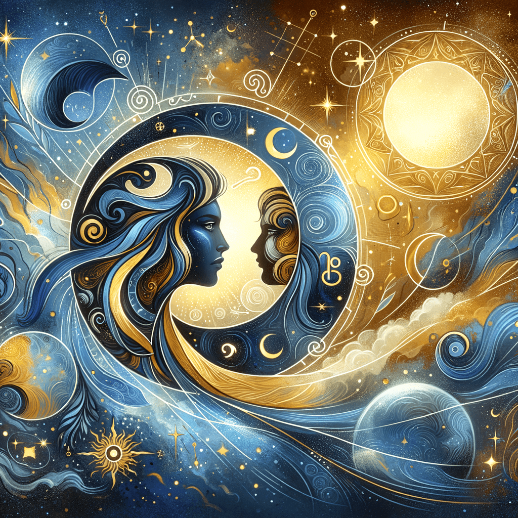 Illustration of Moon between Cancer crab and Leo lion zodiac symbols, heart motifs signifying their moon-sign compatibility.