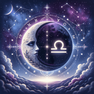Illustration au clair de lune montrant le Cancer (canard) et la Balance (balance) face à face, reliés par des symboles de cœur et d'astrologie.