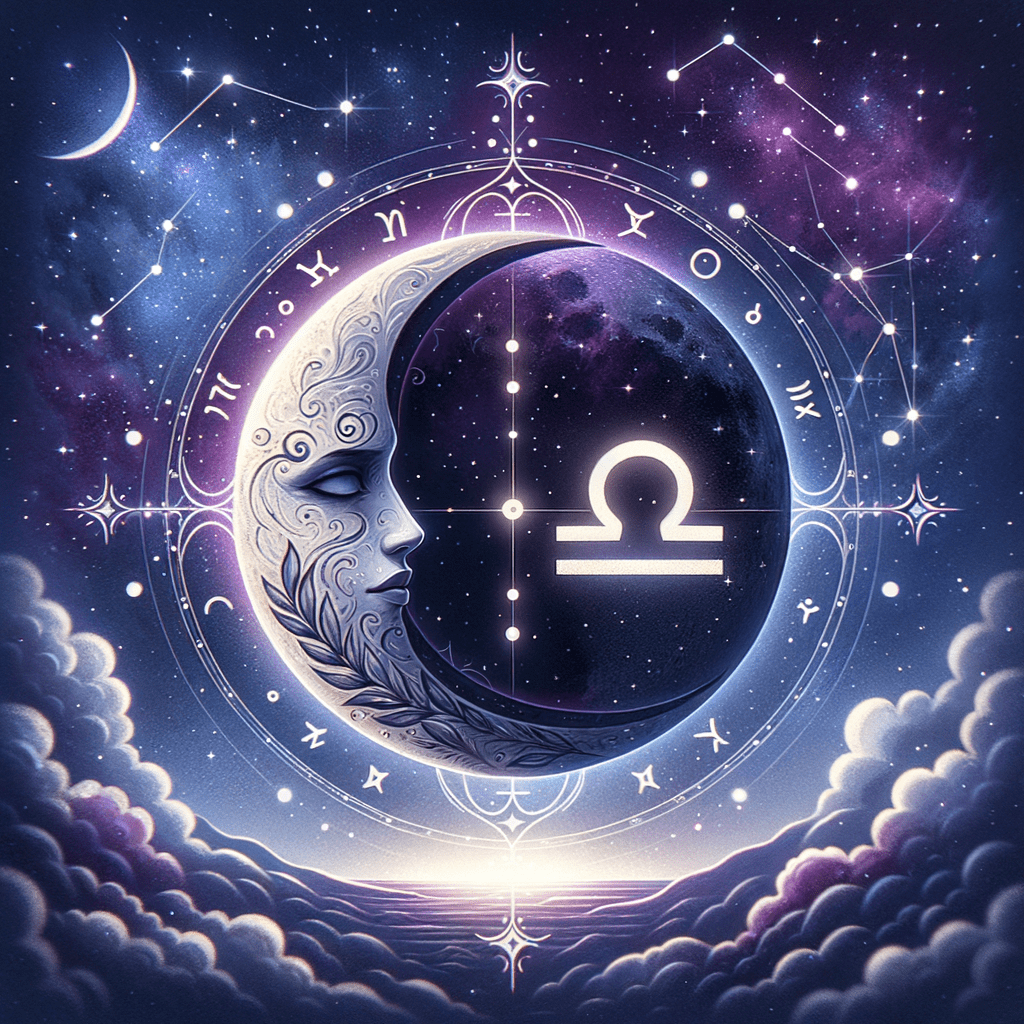 Moonlit illustration showing Cancer crab and Libra scales facing each other with connecting heart and astrology symbols.