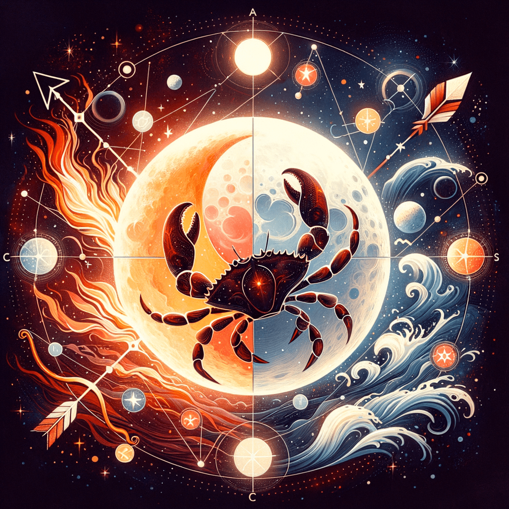 Moon between Cancer crab and Sagittarius archer symbols, illustrating their emotional-adventurous compatibility.