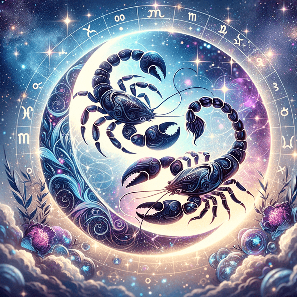 Astrology: Cancer and Scorpio compatibility depicted as two moons with crab and scorpion symbols linked by swirling water.