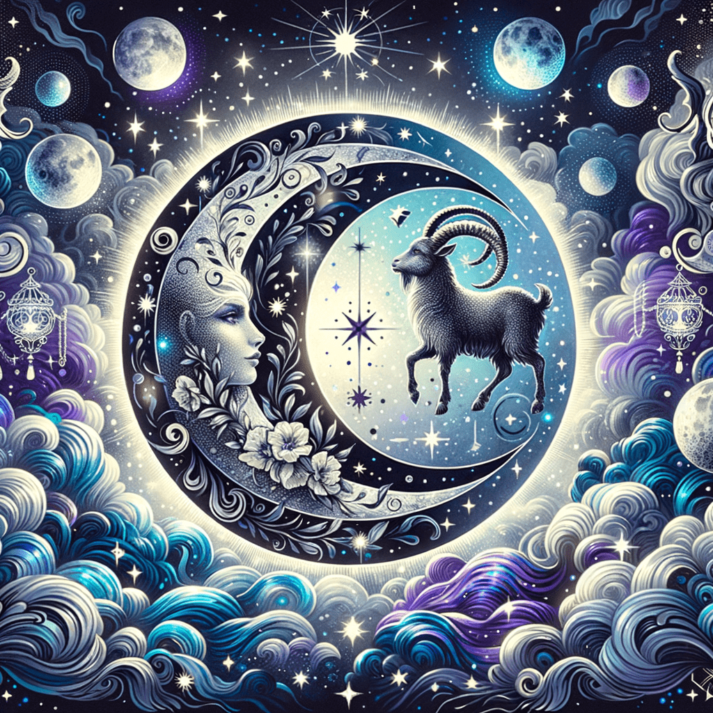 Illustration d'une chèvre Capricorne et d'un porteur d'eau Verseau sous une lune rayonnante, symbolisant la compatibilité des signes lunaires.