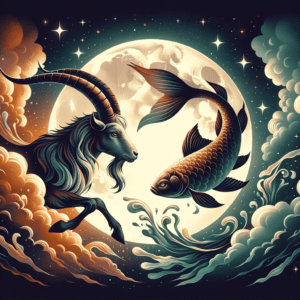 La Lune entre les symboles astrologiques du Capricorne et des Poissons, illustrant la compatibilité et le contraste émotionnels.