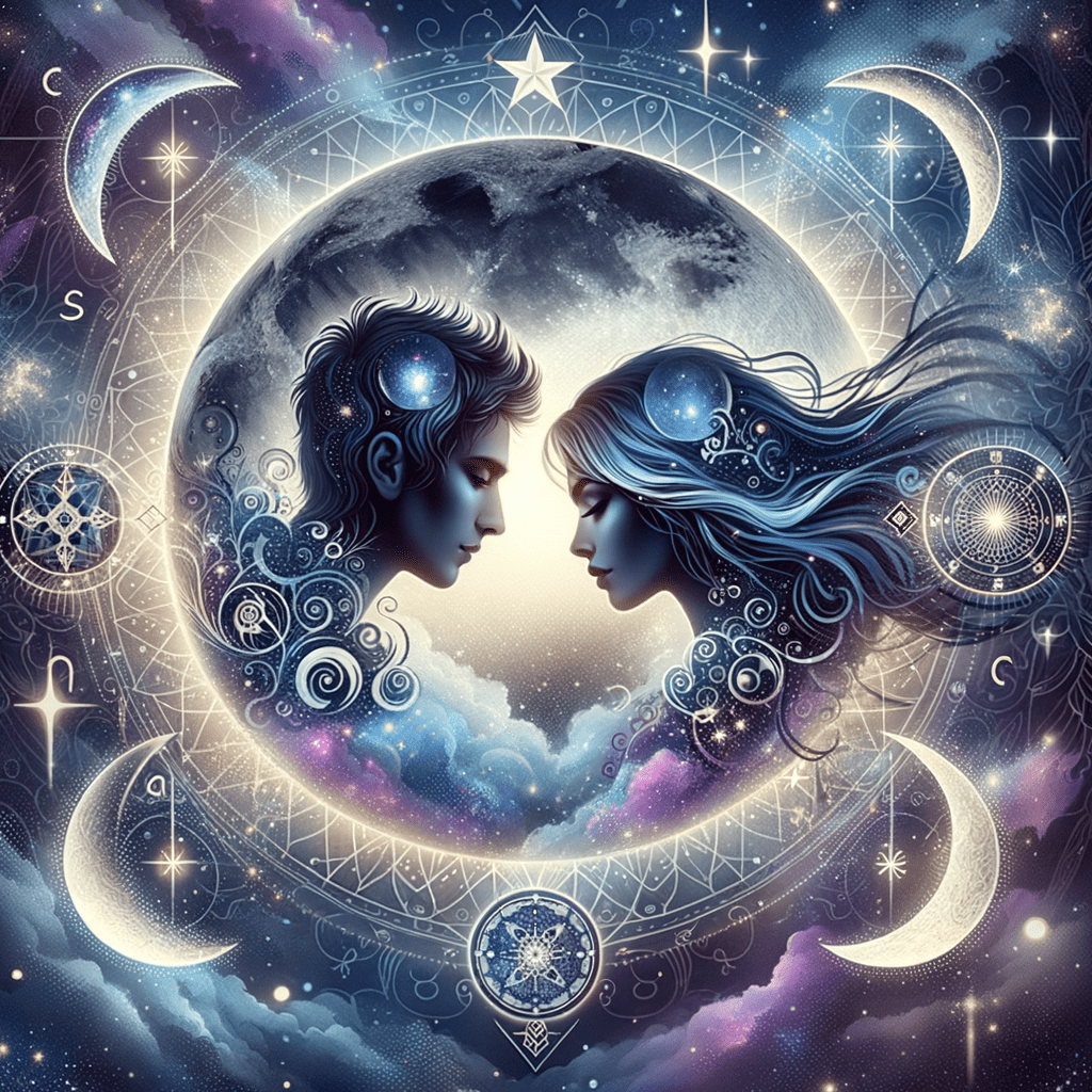 Two Gemini twins facing each other under crescent moons, symbolizing Gemini moon compatibility.
