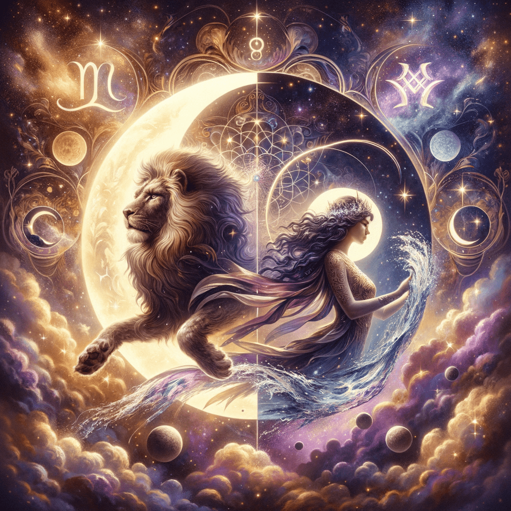 La Lune entre le Lion et le Verseau, symboles astrologiques du Lion et du Verseau, illustre la compatibilité entre ces deux signes.