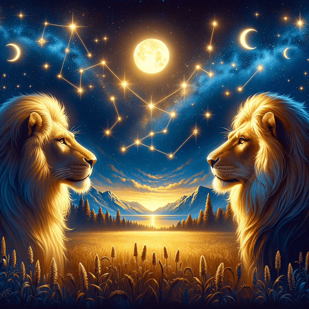 Deux lions dorés se font face sous une lune éclatante, arborant les symboles du zodiaque du Lion et des tons chauds et radieux.