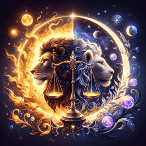 La Lune entre les symboles astrologiques du Lion et de la Balance représente la compatibilité et l'harmonie entre ces deux signes.