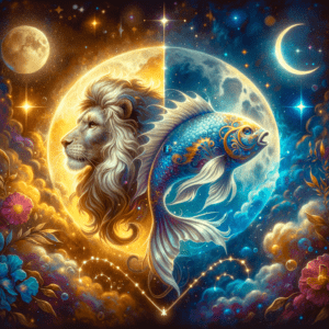 Graphique de compatibilité des signes lunaires montrant un lion en Lion et un poisson en Poissons avec un croissant de lune entre eux.
