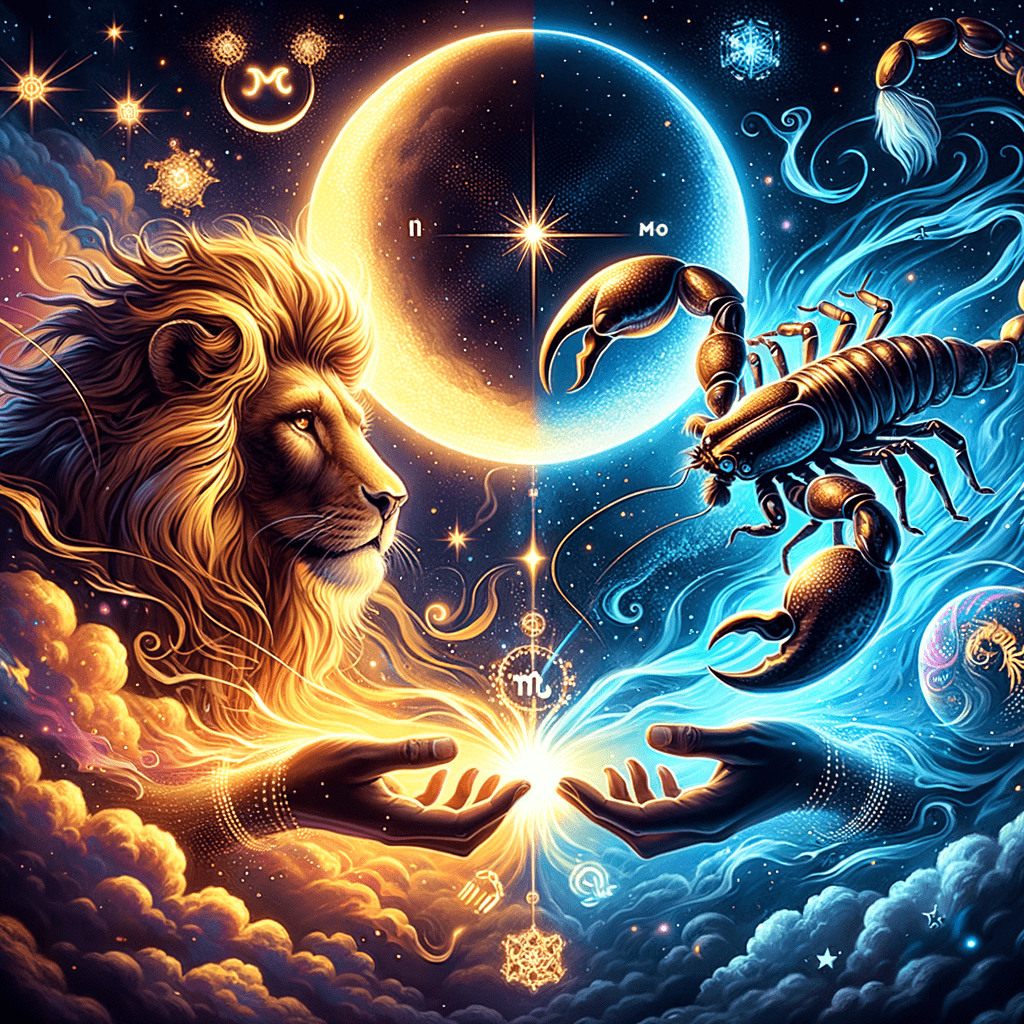Le croissant de lune entre le lion en Lion et le scorpion en Scorpion symbolise la compatibilité, les étoiles et les couleurs chaudes et contrastées indiquant le signe du zodiaque.
