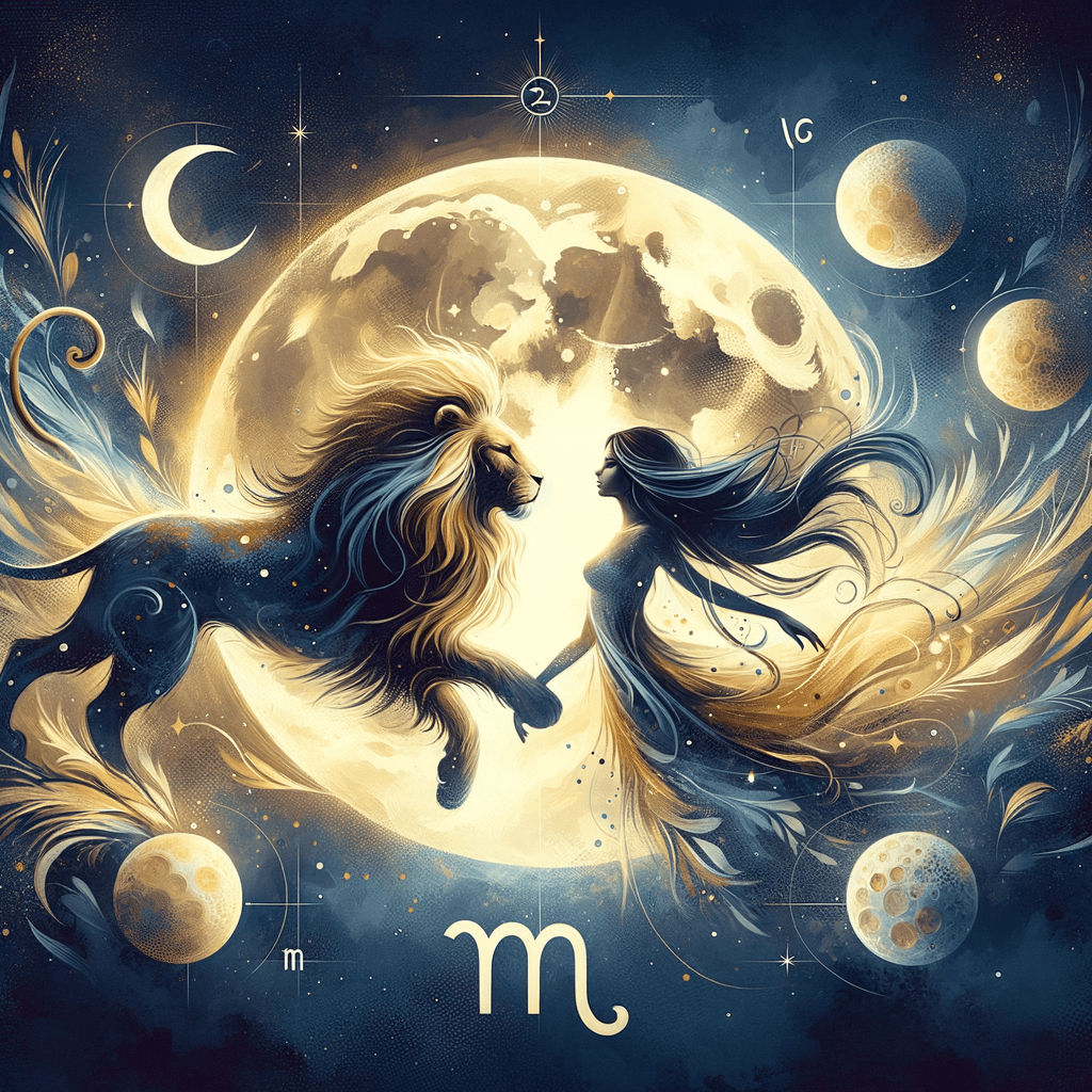 Moon with Leo lion and Virgo maiden symbols facing each other amid stars, signifying Leo and Virgo compatibility