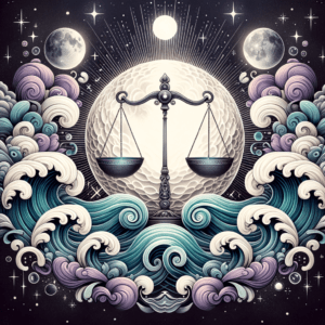 La Lune en Balance et les vagues du Verseau sont reliées par des étoiles, symbolisant la compatibilité entre la Balance et le Verseau.