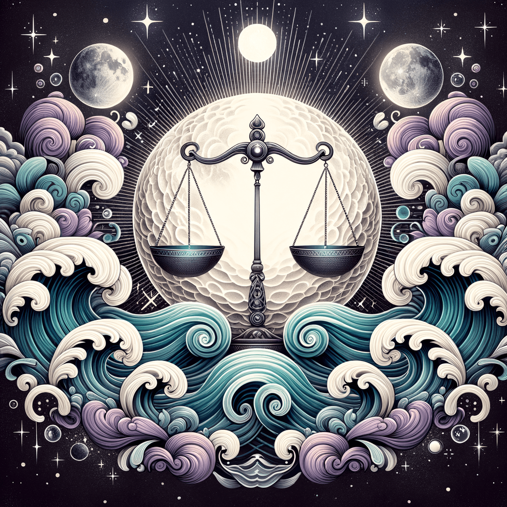 La Lune en Balance et les vagues du Verseau sont reliées par des étoiles, symbolisant la compatibilité entre la Balance et le Verseau.