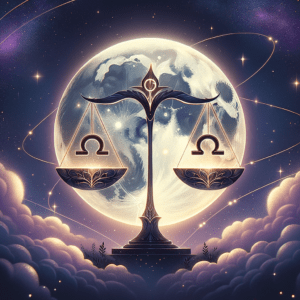 Deux balances en miroir sous un croissant de lune sur un fond rose pâle, symbolisant la compatibilité lunaire avec la Balance.