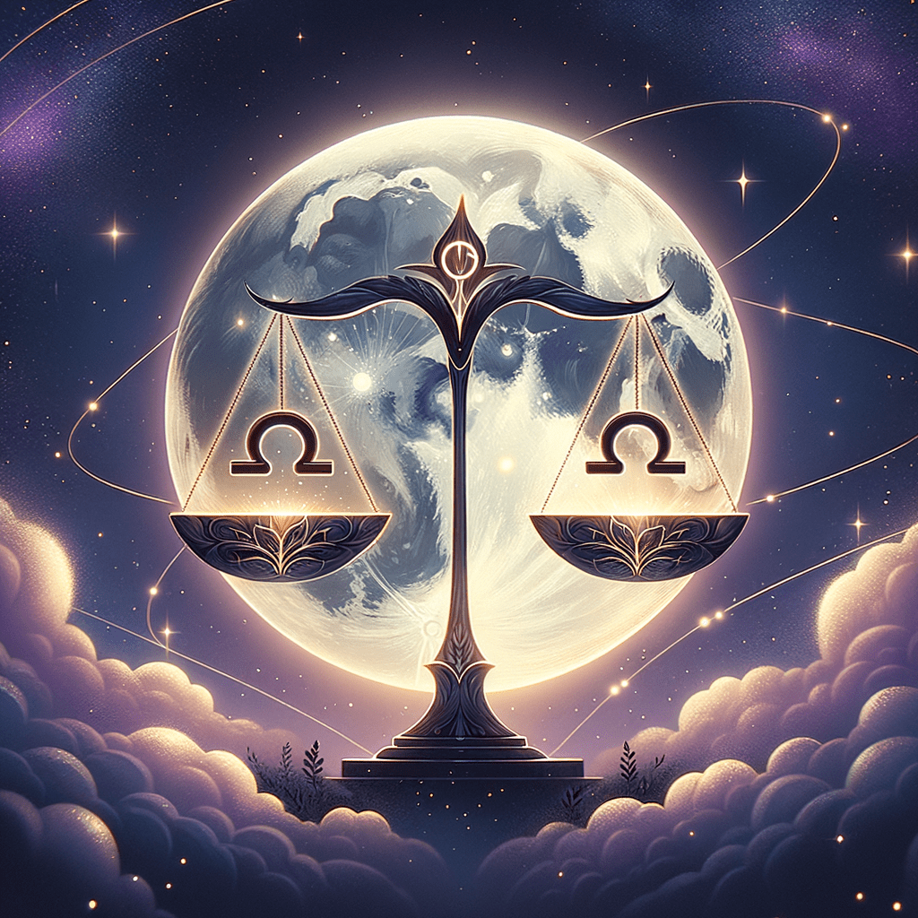 Deux balances en miroir sous un croissant de lune sur un fond rose pâle, symbolisant la compatibilité lunaire avec la Balance.