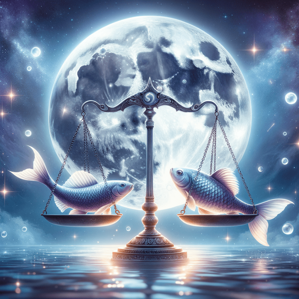 La lune, ornée de symboles de la balance de la Balance et des poissons des Poissons, illustre la compatibilité entre la Balance et les Poissons.