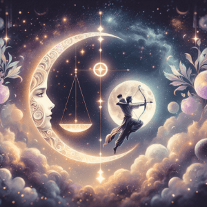 Signes lunaires Balance et Sagittaire : la balance et l’archer au-dessus d’une lune rayonnante, symbolisant leur compatibilité.