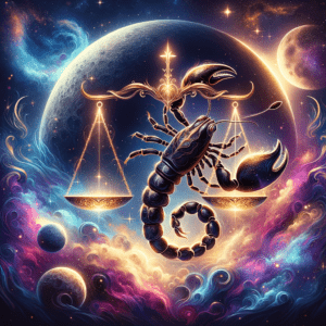 La lune portant la balance de la Balance et le symbole du scorpion du Scorpion entrelacés représentent la compatibilité entre la Balance et le Scorpion.