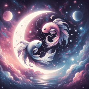 Deux croissants de lune et des poissons Poissons dans des tons bleus aquarelle, symbolisant la compatibilité entre les signes lunaires Poissons.