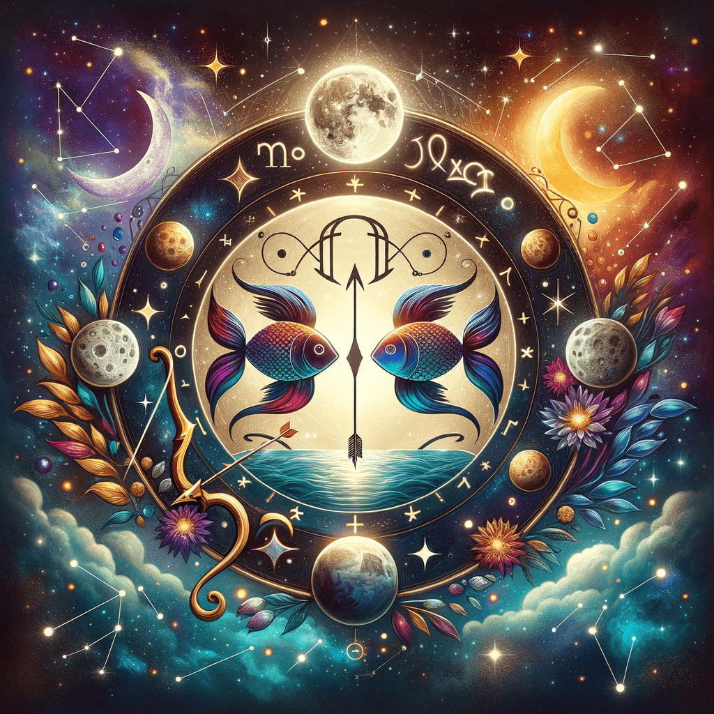 Illustration de la Lune où se mêlent les symboles de l'archer Sagittaire et du poisson Poissons, représentant la compatibilité Sagittaire-Poissons.