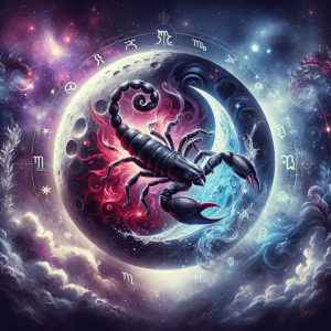Illustration d'une lune entre les symboles astrologiques du Scorpion et du Verseau, sur un fond cosmique rouge et bleu contrasté.