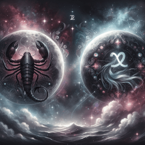 Lune sur fond aquarelle avec les symboles astrologiques du Scorpion et des Poissons reliés par une ligne lumineuse et des étoiles.