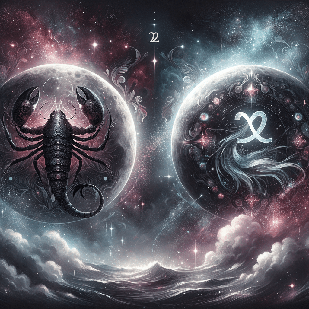 Lune sur fond aquarelle avec les symboles astrologiques du Scorpion et des Poissons reliés par une ligne lumineuse et des étoiles.