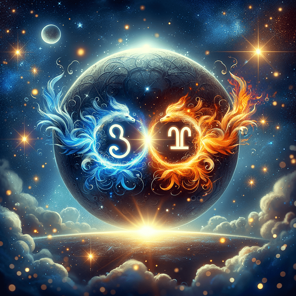 Illustration de la lune avec les symboles astrologiques du Scorpion et du Sagittaire, représentant la compatibilité des signes lunaires.