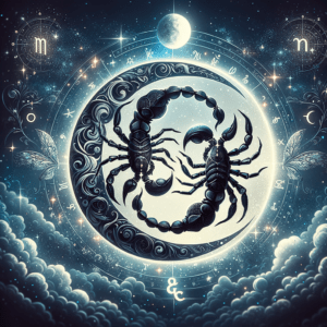 Deux scorpions en miroir enroulés autour d'une lune rouge sombre, symbolisant une compatibilité intense entre deux lunes en Scorpion.