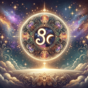Un cercle orné et lumineux, orné d’un glyphe zodiacal et d’un croissant de lune dans un ciel étoilé, symbolise la compatibilité entre la Lune en Vierge et la Lune en Balance.
