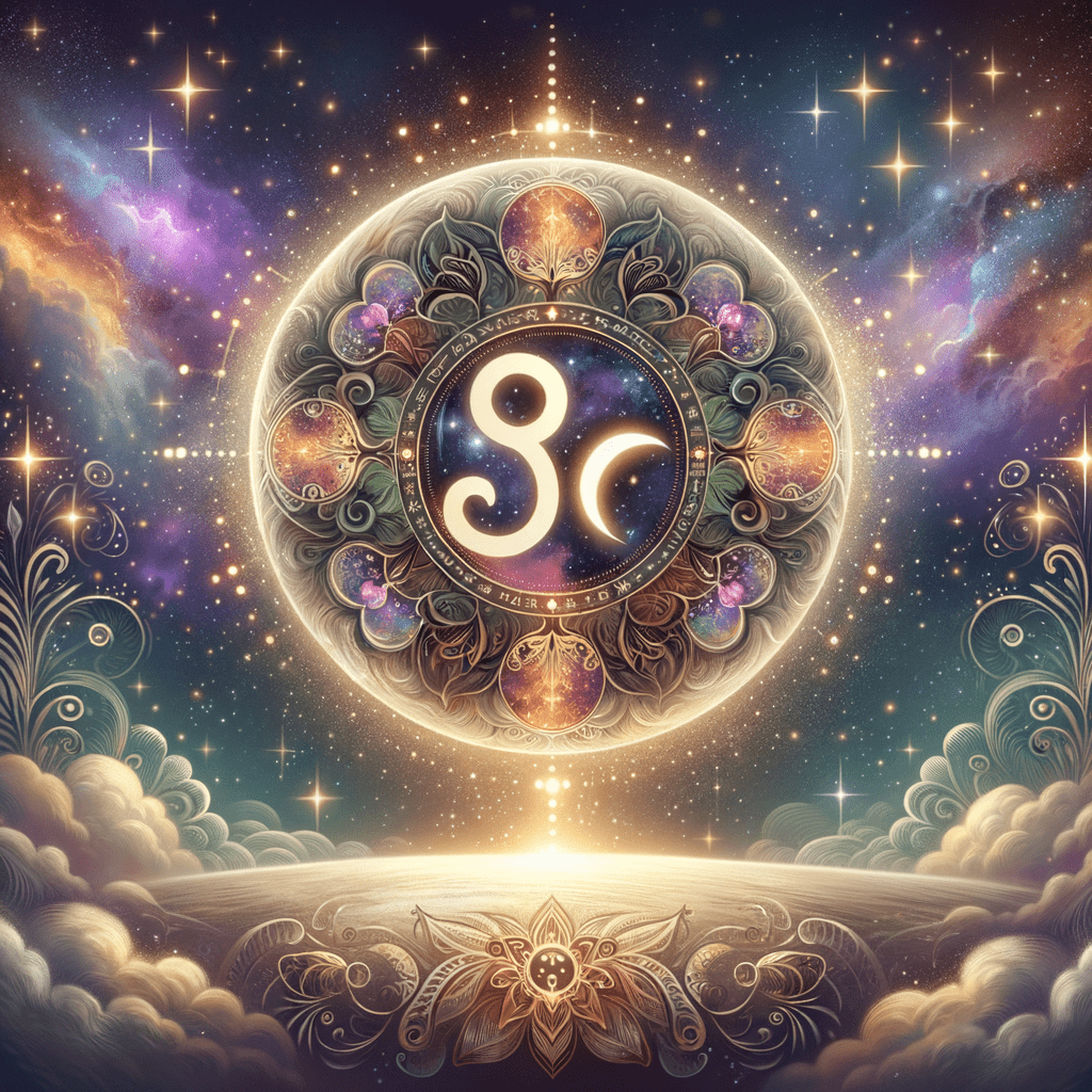 A glowing ornate circle with a zodiac glyph and a crescent moon in a starry sky, for Virgo Moon and Libra Moon compatibility.