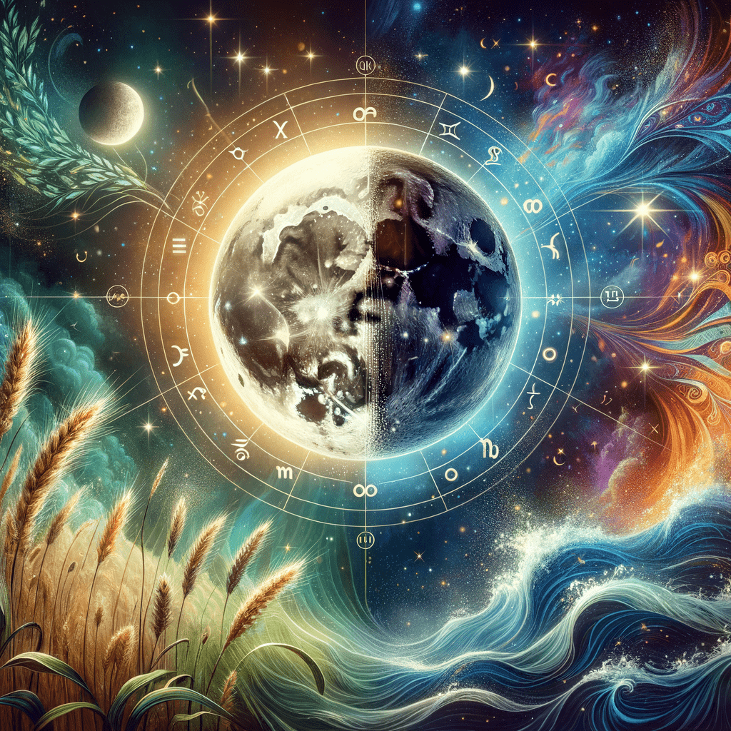 A full moon inside a zodiac wheel between a wheat field and ocean waves, for Virgo Moon and Scorpio Moon compatibility.