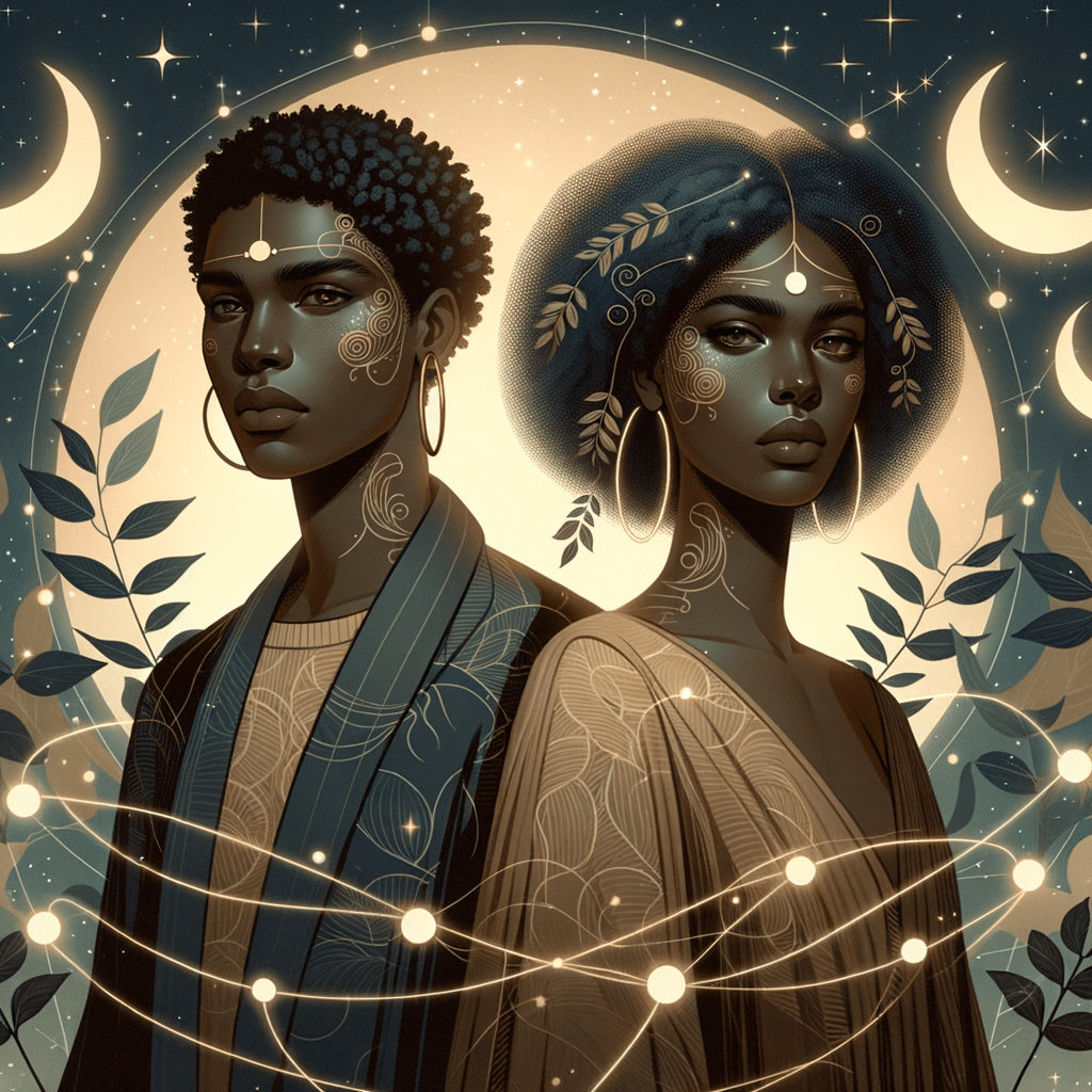 Two people standing back to back before a large glowing moon, crescent moons and leafy branches, for Virgo Moon and Virgo Moon compatibility.