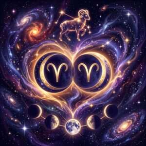 Two glowing crescent moons with Aries glyphs under a golden ram constellation, for an Aries Moon couple
