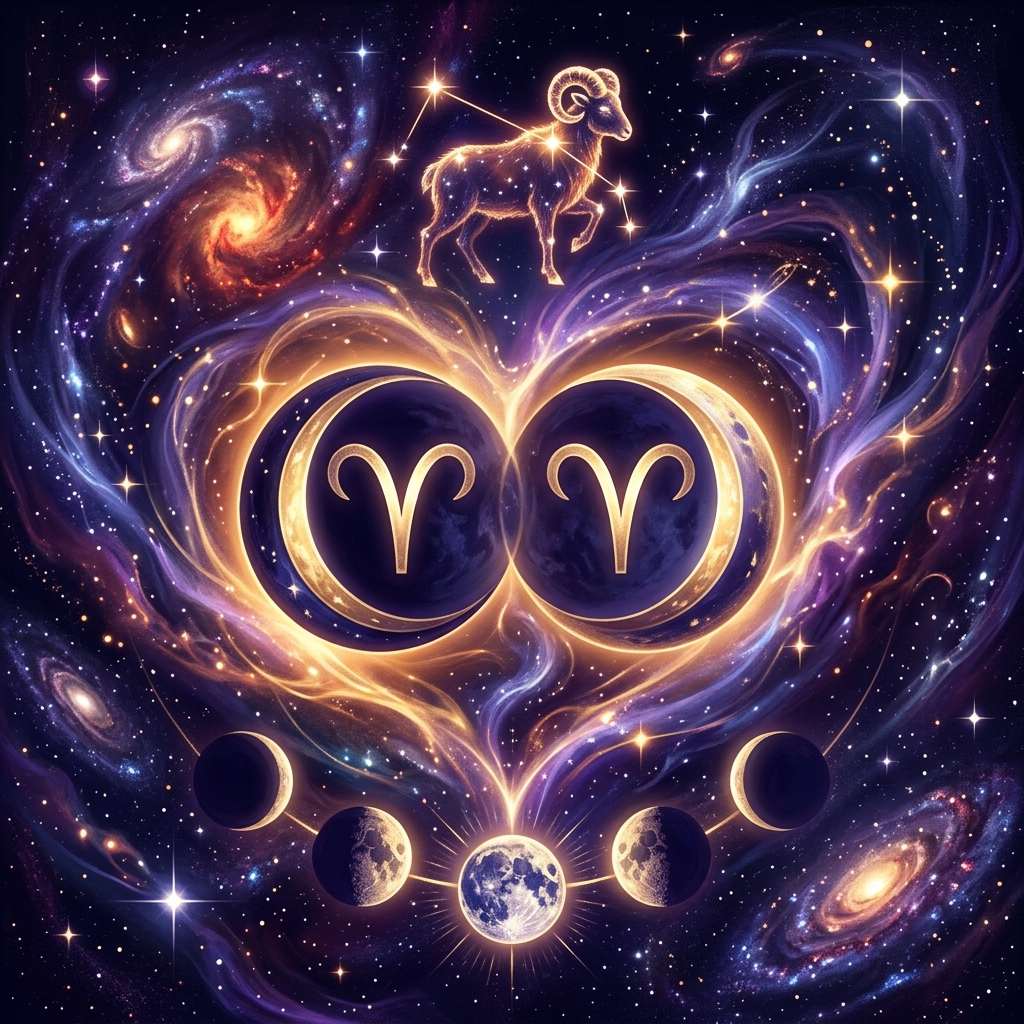 Deux croissants de lune lumineux ornés du symbole du Bélier sous une constellation de bélier doré, pour un couple dont la Lune est en Bélier.