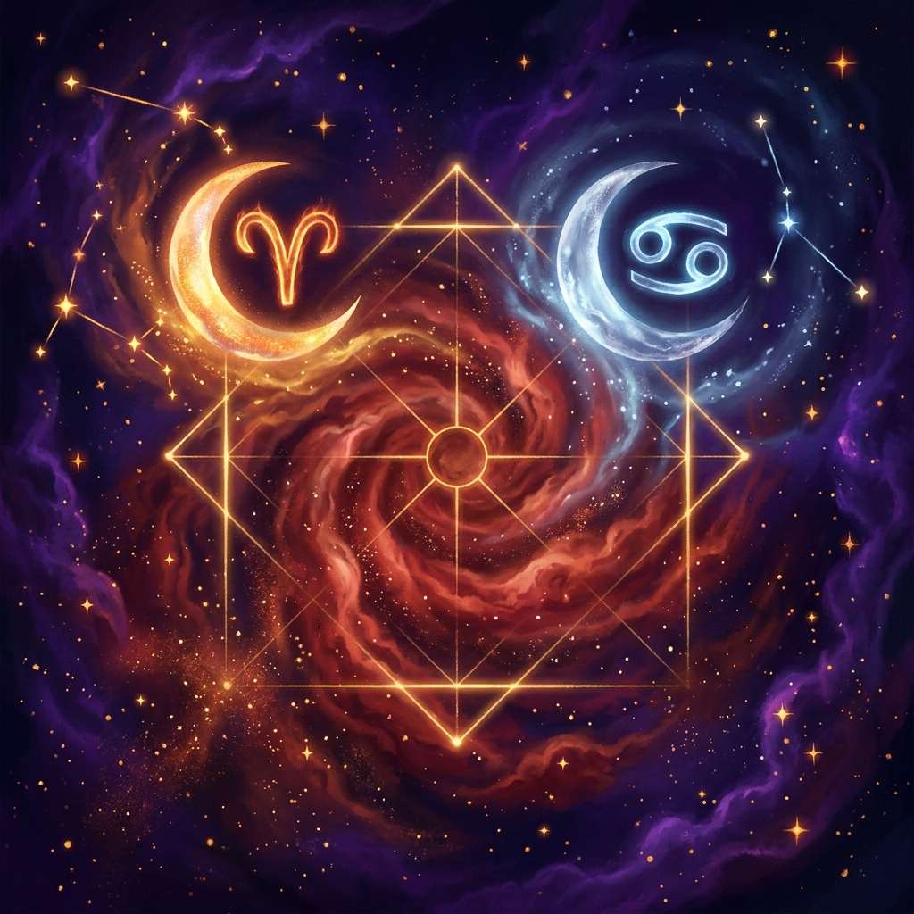 Two glowing crescent moons marked with the Aries and Cancer glyphs, joined by a golden square pattern over a red nebula