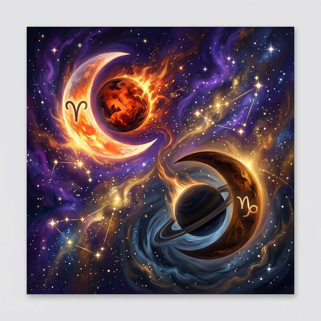 Two crescent moons, one glowing red and one slate gray, facing each other across a dark starry sky