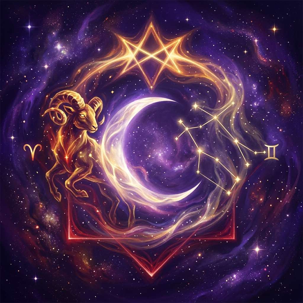 A crescent moon between a golden ram and the Gemini constellation, for an Aries and Gemini Moon couple