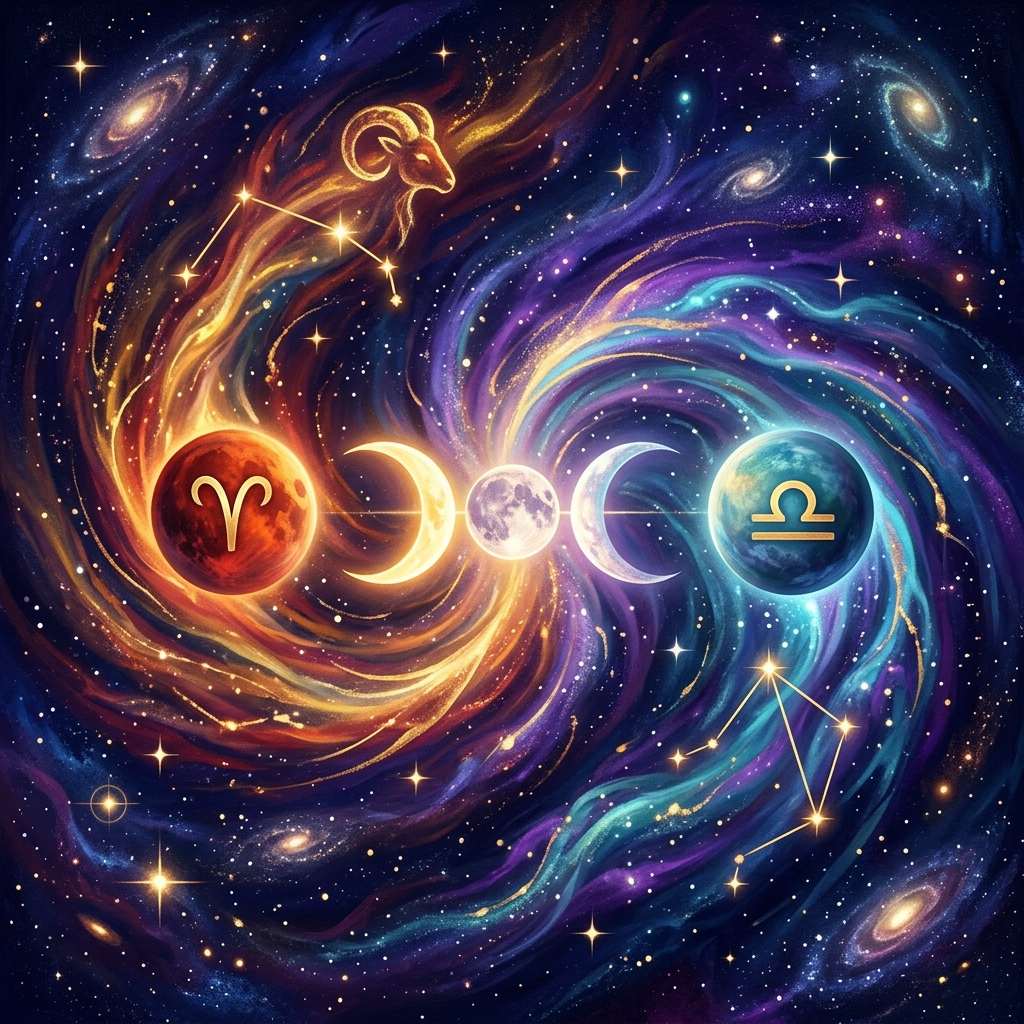 Two crescent moons facing each other across a balanced scale at the spring and autumn equinox