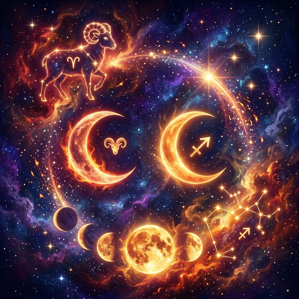Two moons in a night sky of fire, a ram and an archer joined by a glowing triangle