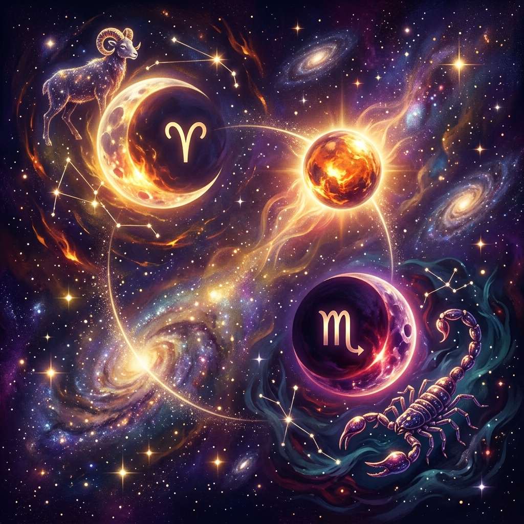 A fiery ram and a scorpion under two moons, linked by the red planet Mars